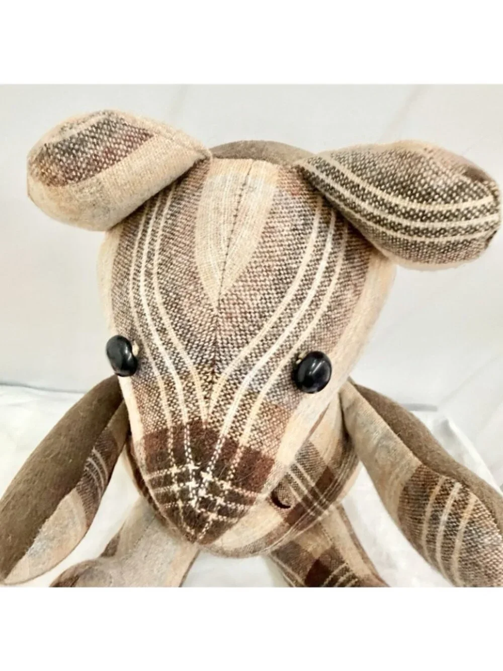 Vintage Handmade Patchwork Plaid Plush Stuffed Animal Teddy Bear Ribbon Bow Toy